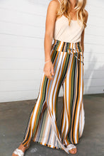 Load image into Gallery viewer, Tan & Green Vertical Stripe Smock Waist Side Slit Palazzo Pants