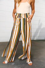 Load image into Gallery viewer, Tan & Green Vertical Stripe Smock Waist Side Slit Palazzo Pants