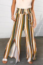 Load image into Gallery viewer, Tan & Green Vertical Stripe Smock Waist Side Slit Palazzo Pants