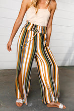 Load image into Gallery viewer, Tan & Green Vertical Stripe Smock Waist Side Slit Palazzo Pants
