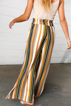 Load image into Gallery viewer, Tan & Green Vertical Stripe Smock Waist Side Slit Palazzo Pants