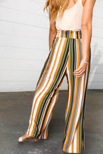 Load image into Gallery viewer, Tan & Green Vertical Stripe Smock Waist Side Slit Palazzo Pants