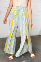 Load image into Gallery viewer, Mint Floral Print & Vertical Line Slit Palazzo Pants