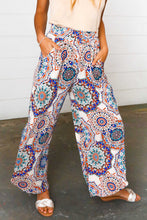 Load image into Gallery viewer, Azure Blue Boho Paisley Smocked Waist Slit Palazzo Pants