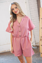Load image into Gallery viewer, Dusty Rose Linen V Neck Button Detail Dolman Romper