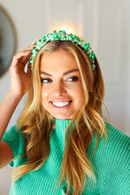 Load image into Gallery viewer, Green Gingham Pearl & Jewels Top Knot Knit Headband