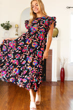 Load image into Gallery viewer, Just A Dream Black Floral Print Smocked Ruffle Sleeve Maxi Dress