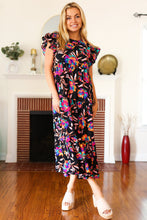 Load image into Gallery viewer, Just A Dream Black Floral Print Smocked Ruffle Sleeve Maxi Dress