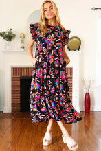 Load image into Gallery viewer, Just A Dream Black Floral Print Smocked Ruffle Sleeve Maxi Dress