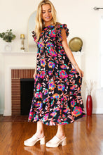 Load image into Gallery viewer, Just A Dream Black Floral Print Smocked Ruffle Sleeve Maxi Dress