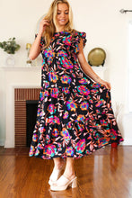 Load image into Gallery viewer, Just A Dream Black Floral Print Smocked Ruffle Sleeve Maxi Dress