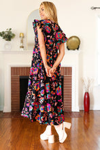 Load image into Gallery viewer, Just A Dream Black Floral Print Smocked Ruffle Sleeve Maxi Dress