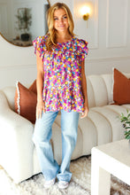 Load image into Gallery viewer, All For You Fuchsia Floral Yoke Flutter Sleeve Keyhole Back Top