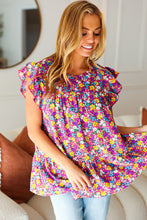 Load image into Gallery viewer, All For You Fuchsia Floral Yoke Flutter Sleeve Keyhole Back Top
