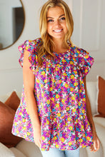 Load image into Gallery viewer, All For You Fuchsia Floral Yoke Flutter Sleeve Keyhole Back Top