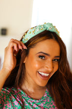 Load image into Gallery viewer, Mint Heart Pearl &amp; Jewel Knot Knit Headband
