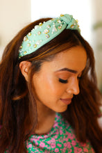 Load image into Gallery viewer, Mint Heart Pearl &amp; Jewel Knot Knit Headband
