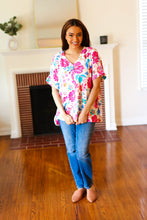Load image into Gallery viewer, Embrace The Day Ivory & Fuchsia Floral V Neck Woven Top