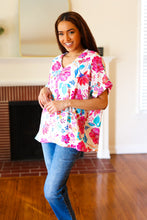 Load image into Gallery viewer, Embrace The Day Ivory & Fuchsia Floral V Neck Woven Top