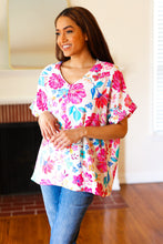 Load image into Gallery viewer, Embrace The Day Ivory & Fuchsia Floral V Neck Woven Top