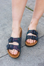 Load image into Gallery viewer, Black Glitter Cork Bed Buckle Slip-On Sandals