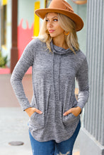 Load image into Gallery viewer, Be Your Best Grey Marled Cowl Neck Pocketed Top