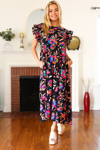 Load image into Gallery viewer, Just A Dream Black Floral Print Smocked Ruffle Sleeve Maxi Dress
