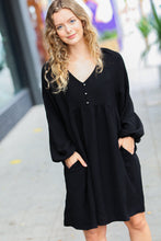 Load image into Gallery viewer, All I Need Black Woven Waffle V Neck Babydoll Dress