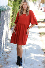 Load image into Gallery viewer, Rust Three Quarter Puff Sleeve Babydoll Dress