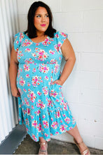 Load image into Gallery viewer, Aqua Floral Elastic Waist Fit and Flare Ruffle Midi Dress