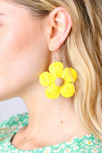 Load image into Gallery viewer, Canary Handwoven Straw Flower Dangle Earrings