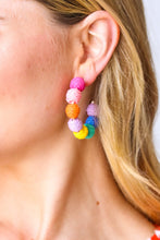 Load image into Gallery viewer, Multicolor Raffia & Gold Pom Hoop Earrings
