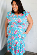 Load image into Gallery viewer, Aqua Floral Elastic Waist Fit and Flare Ruffle Midi Dress