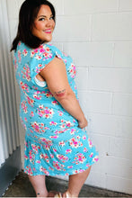 Load image into Gallery viewer, Aqua Floral Elastic Waist Fit and Flare Ruffle Midi Dress