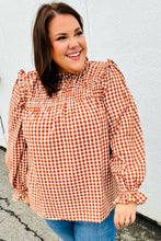 Load image into Gallery viewer, Adorable in Gingham Rust Shirred Mock Neck Top
