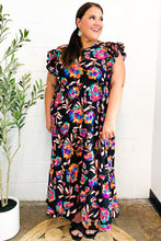 Load image into Gallery viewer, Just A Dream Black Floral Print Smocked Ruffle Sleeve Maxi Dress