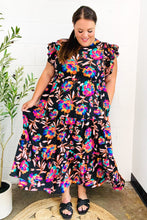 Load image into Gallery viewer, Just A Dream Black Floral Print Smocked Ruffle Sleeve Maxi Dress
