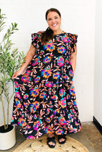Load image into Gallery viewer, Just A Dream Black Floral Print Smocked Ruffle Sleeve Maxi Dress