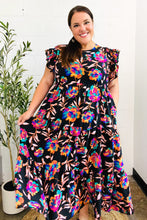 Load image into Gallery viewer, Just A Dream Black Floral Print Smocked Ruffle Sleeve Maxi Dress