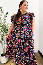Load image into Gallery viewer, Just A Dream Black Floral Print Smocked Ruffle Sleeve Maxi Dress