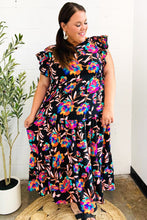 Load image into Gallery viewer, Just A Dream Black Floral Print Smocked Ruffle Sleeve Maxi Dress