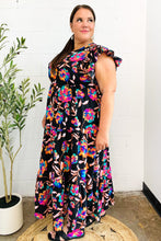 Load image into Gallery viewer, Just A Dream Black Floral Print Smocked Ruffle Sleeve Maxi Dress