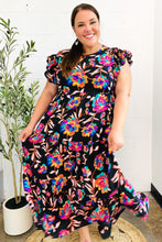 Load image into Gallery viewer, Just A Dream Black Floral Print Smocked Ruffle Sleeve Maxi Dress