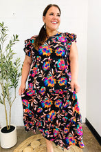Load image into Gallery viewer, Just A Dream Black Floral Print Smocked Ruffle Sleeve Maxi Dress