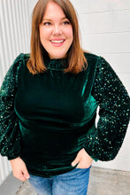 Load image into Gallery viewer, Under the Lights Hunter Green Velvet & Sequins Mock Neck Top