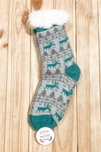 Load image into Gallery viewer, Teal Reindeer Sherpa Traction Bottom Slipper Socks