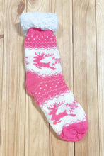 Load image into Gallery viewer, Hot Pink Reindeer Sherpa Traction Bottom Slipper Socks