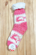 Load image into Gallery viewer, Hot Pink Reindeer Sherpa Traction Bottom Slipper Socks