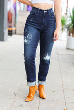 Load image into Gallery viewer, Judy Blue Dark Blue Mid Rise Stitch Detail Boyfriend Fit Cuffed Jeans