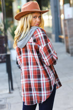 Load image into Gallery viewer, All Put Together Rust/Charcoal Plaid Colorblock Hoodie Shacket